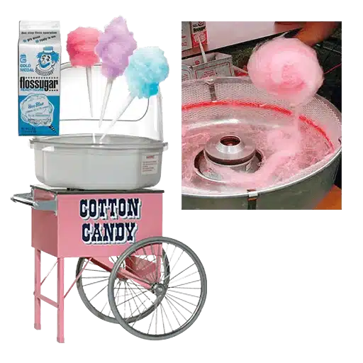 a cotton candy machine with a cart of cotton candy