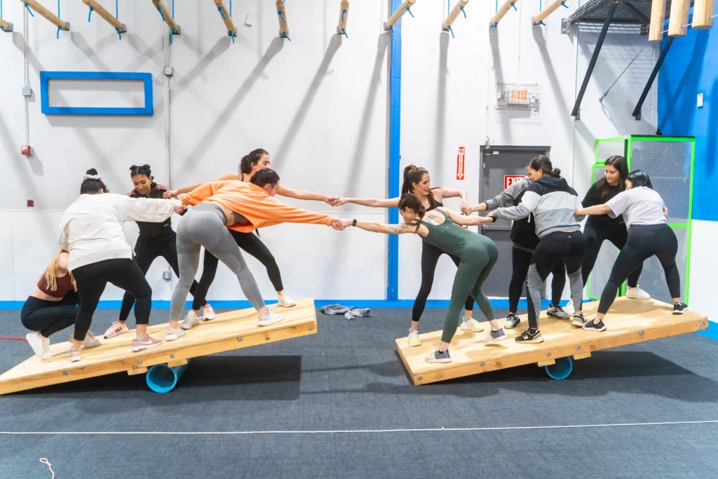 Group of people participating in a team challenge