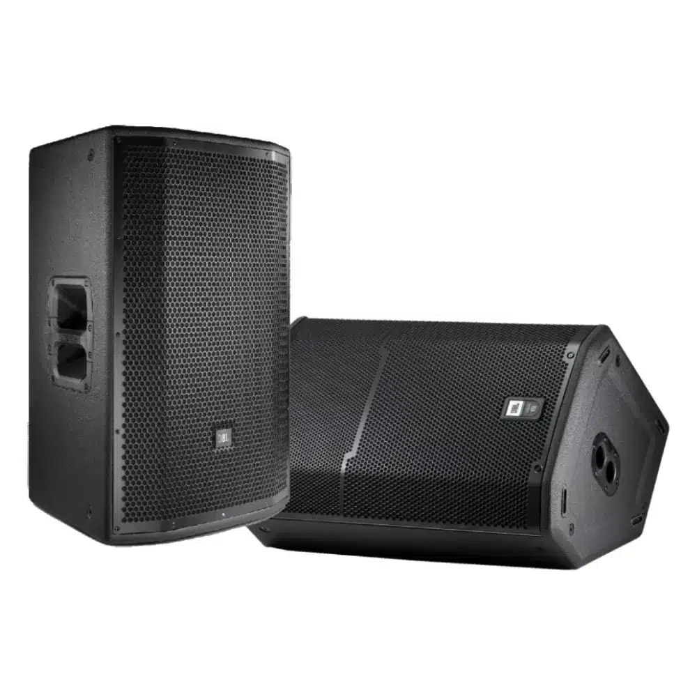 Two powered PA speakers available for speaker rental in NYC, stands included