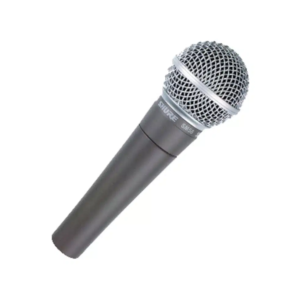 Wired handheld microphone with its cable, rented with a small mixer included