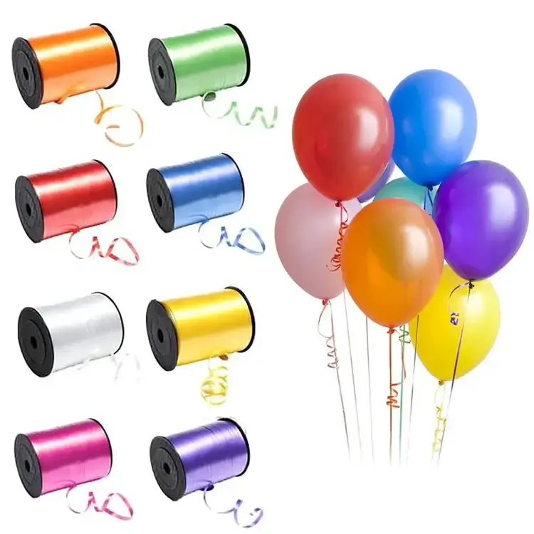 Assorted colored latex balloons with curled ribbons ready for a party
