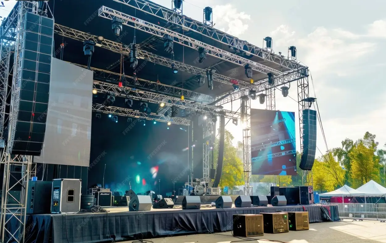 outdoor music festival with stage and sound production, 