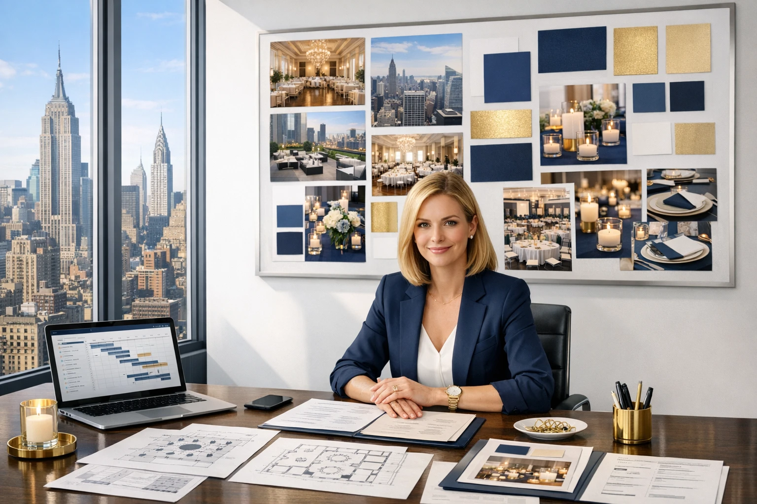 corporate event planning nyc reviewing floor plans and vendor contracts at a Manhattan office with skyline view