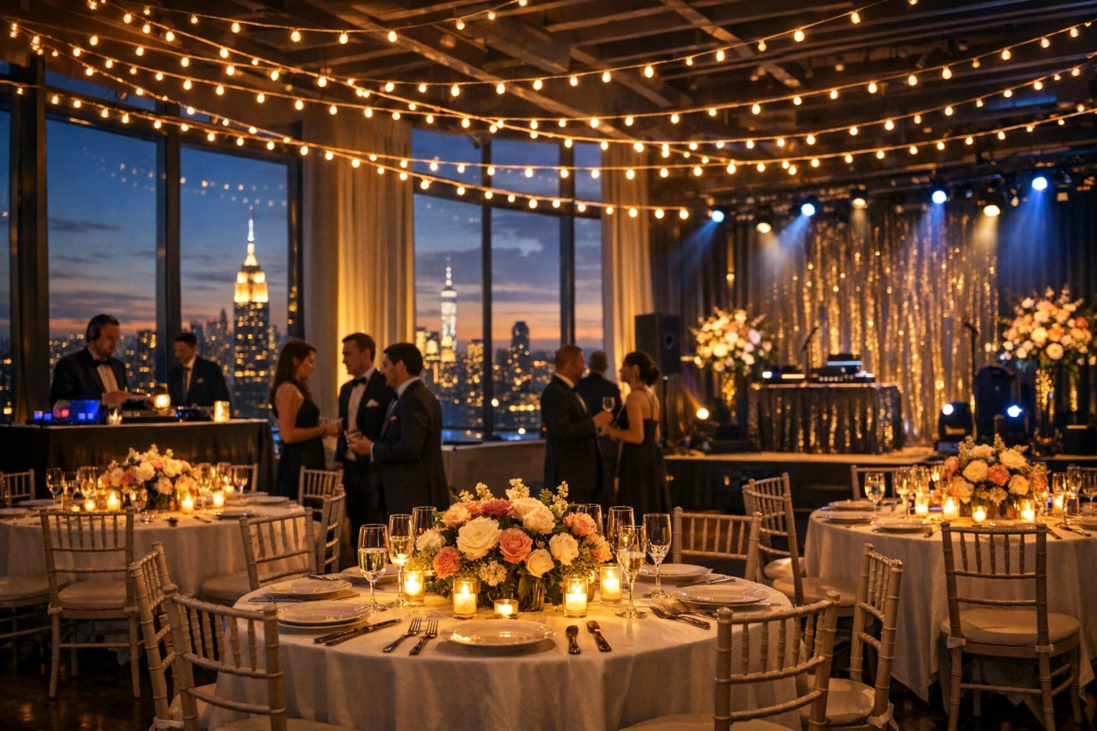 Event Budget Calculator NYC - Free Party Cost Estimator | Celebration Entertainment 1 event budget calculator nyc | Elegant NYC event venue setup with DJ stage, floral decor, and Manhattan skyline - event cost estimate new york