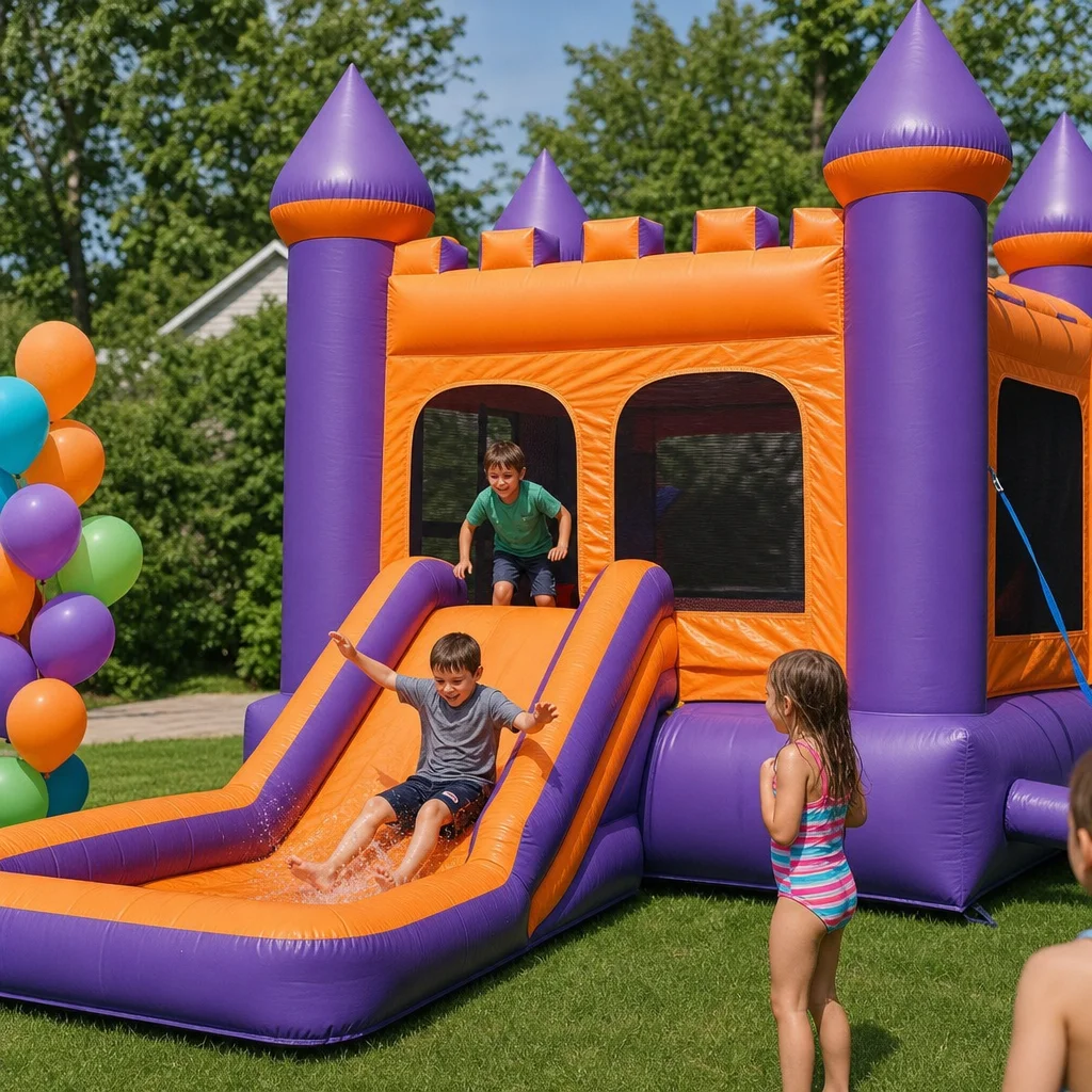 Bounce house rental NYC - colorful inflatable castle with slide for kids birthday party
