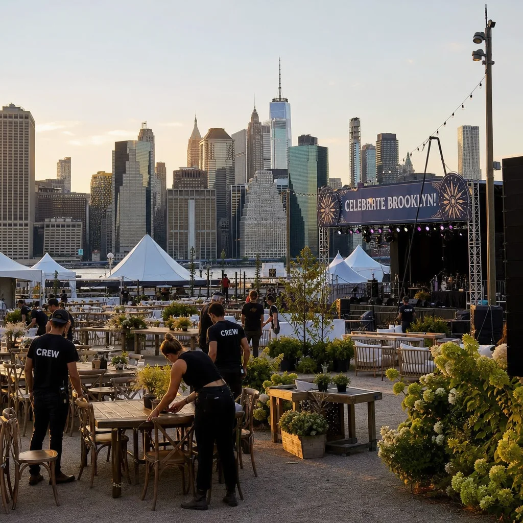 Event production services Queens NY - professional crew setting up outdoor festival with stage and tents, NYC skyline background