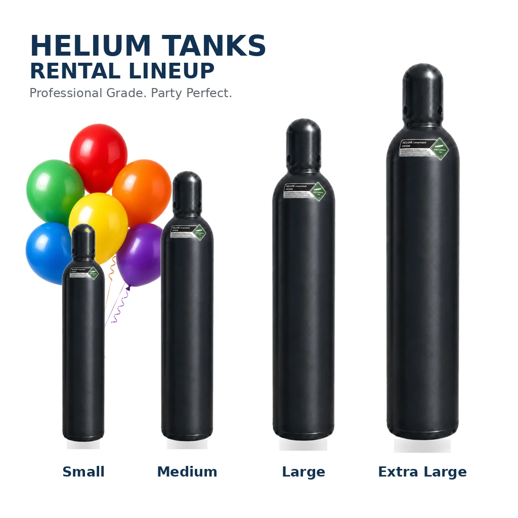 Helium tank rental NYC - multiple cylinder sizes with colorful balloons for party events