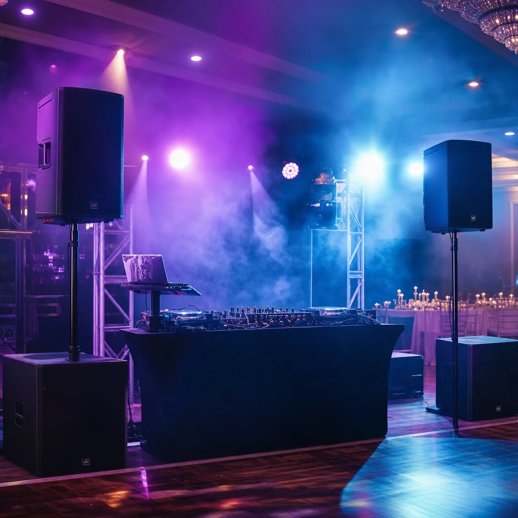 Sound system and DJ rental NYC - professional speakers, DJ booth and stage lighting setup