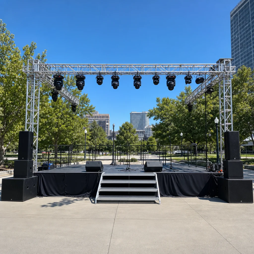 Stage rental Queens NY - professional portable stage setup with truss lighting in urban park