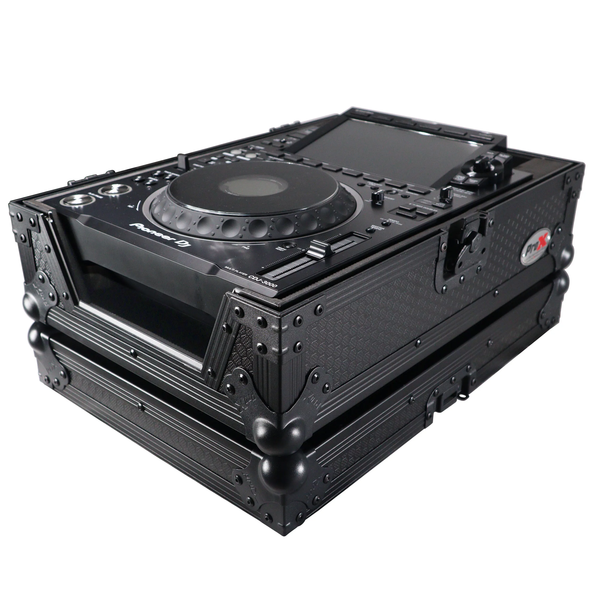Pioneer DJ CDJ-3000 player with a large jog wheel and screen, mounted in a black padded flight case