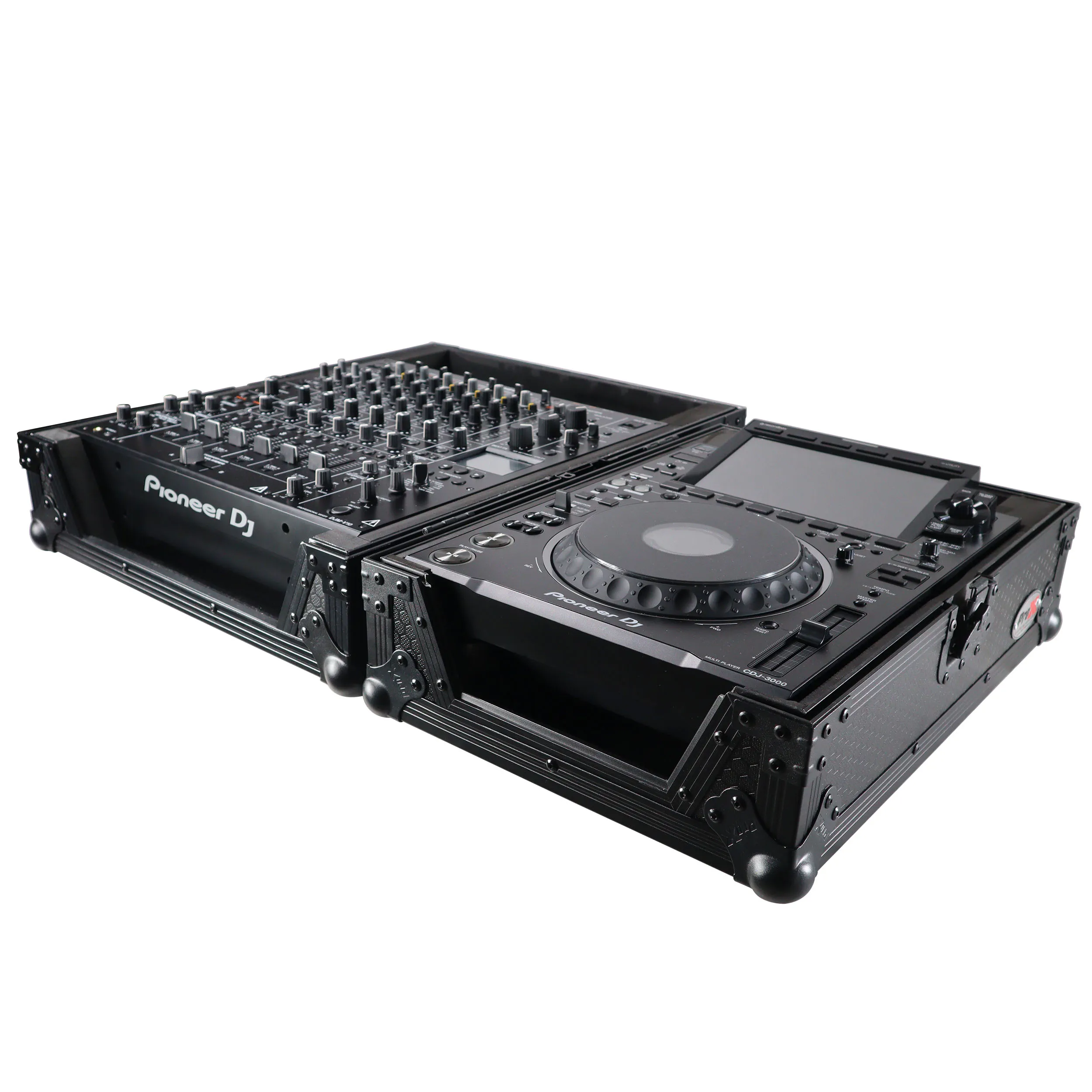 Pioneer DJ mixer and a CDJ-3000 player side by side in one black padded flight case